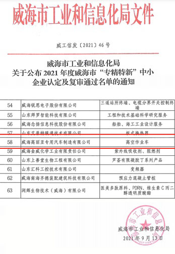 喜讯！威海高丽亚等5家企业通过威海市2021年“专精特新”认定